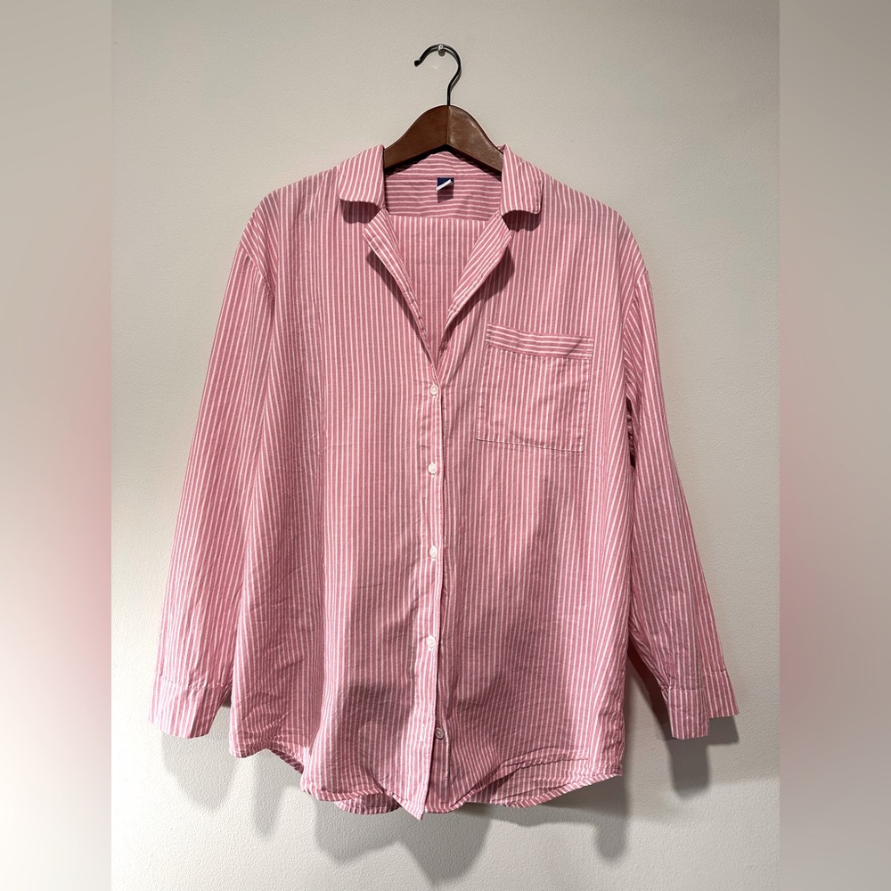 Old Navy Pink Poplin Striped Cotton Button Up Pajama Set Sz L